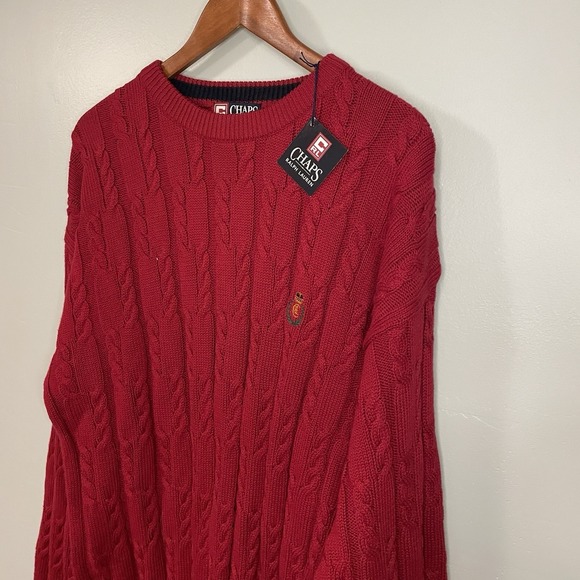 NWT Vintage Chaps Ralph Lauren Crew Neck Cable Knit Classic Red Sweater Mens XL - Picture 2 of 6